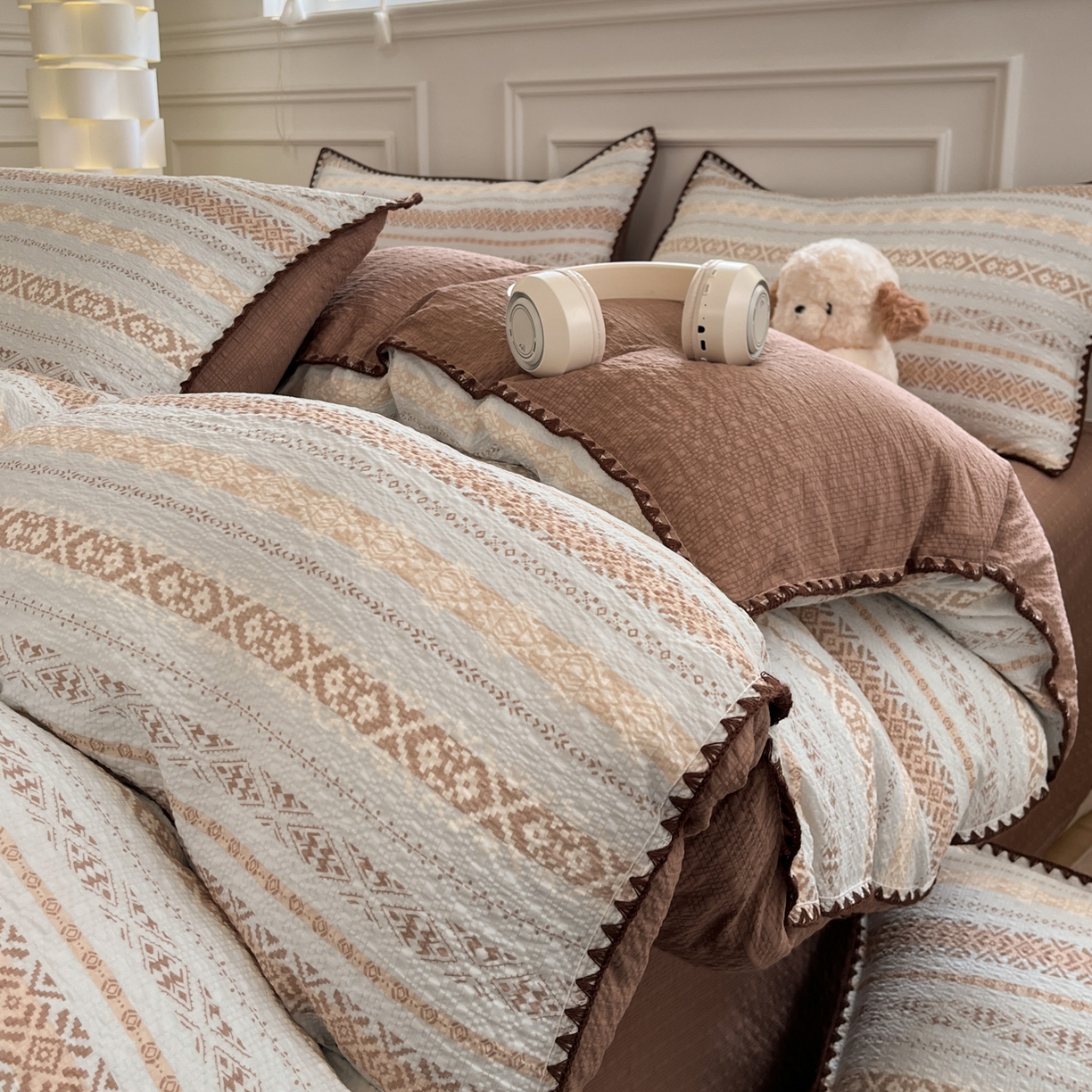 慕澄家纺 2026新款小清新印花泡芙纱贝壳边四件套 焦糖海盐