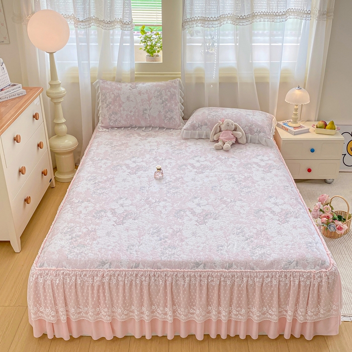 91家纺网 家纺一手货源 找家纺 伊人坊 2026新款A类550克凉感提花值过0.21冰豆豆家用凉席子三件套夏季-床裙款 繁花-粉