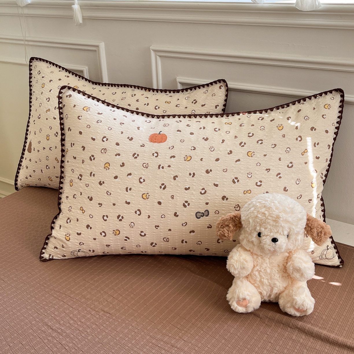 91家纺网 家纺一手货源 找家纺 慕澄家纺 2026新款小清新印花泡芙纱贝壳边四件套 栗栗南瓜派