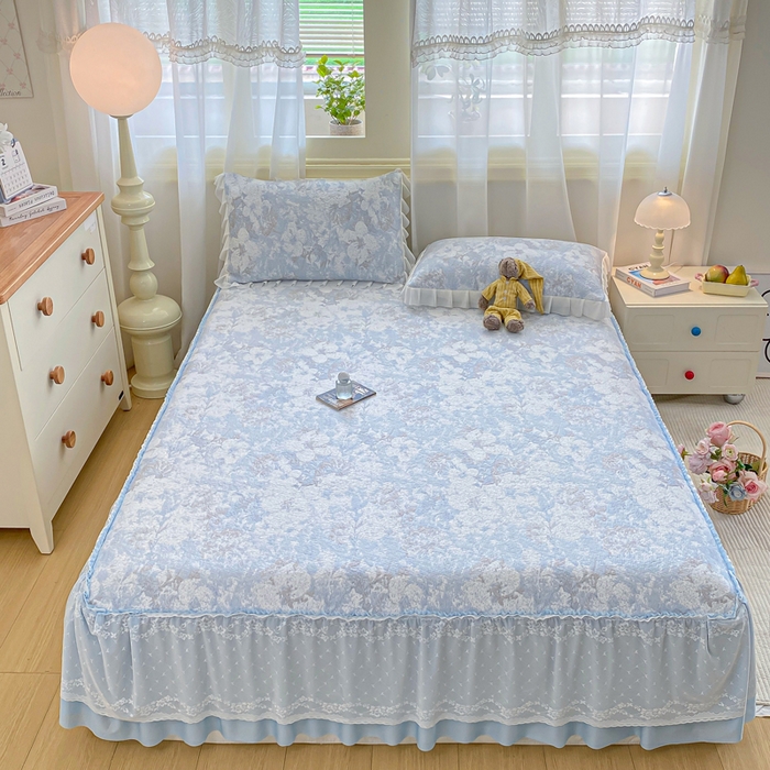 91家纺网 家纺一手货源 找家纺 伊人坊 2026新款A类550克凉感提花值过0.21冰豆豆家用凉席子三件套夏季-床裙款 繁花-蓝