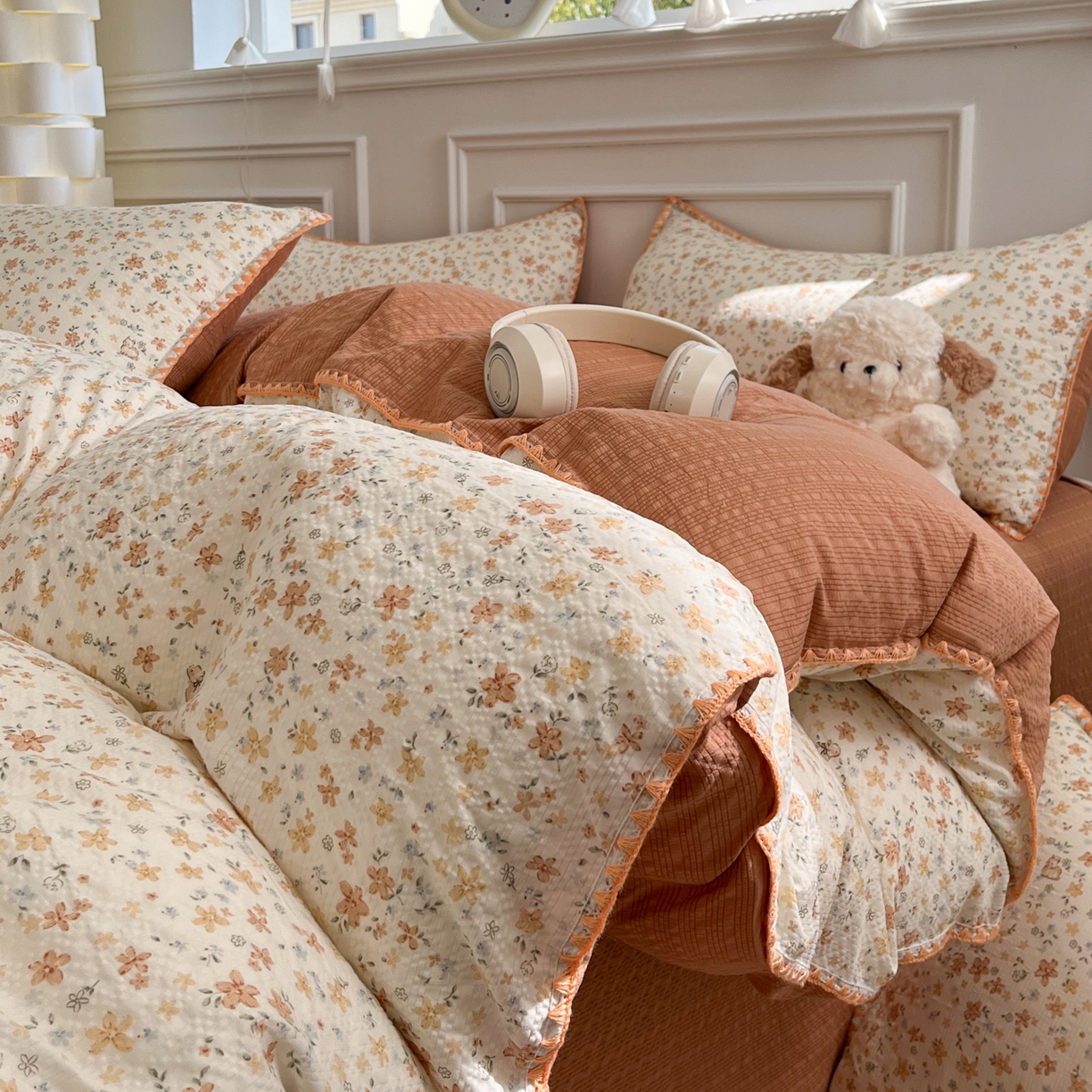 慕澄家纺 2026新款小清新印花泡芙纱贝壳边四件套 奶橘小甜梦