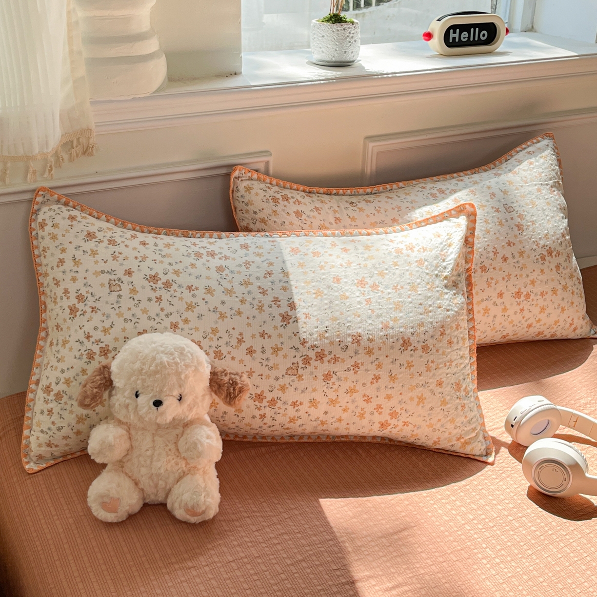 91家纺网 家纺一手货源 找家纺 慕澄家纺 2026新款小清新印花泡芙纱贝壳边四件套 奶橘小甜梦