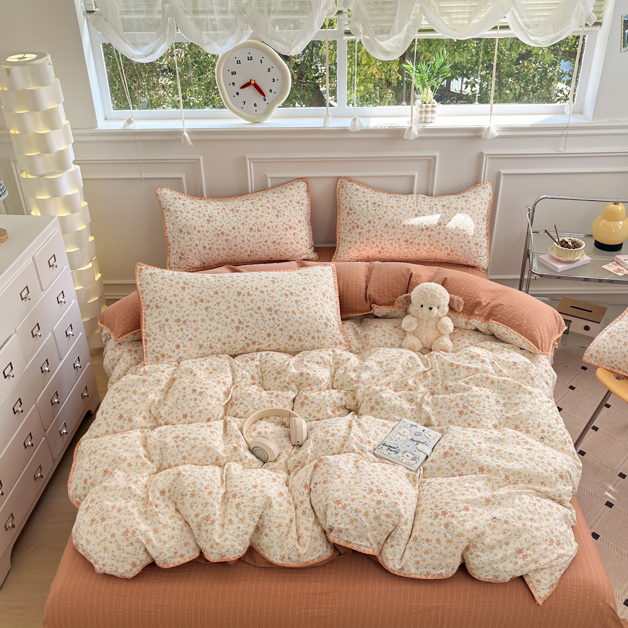 91家纺网 家纺一手货源 找家纺 慕澄家纺 2026新款小清新印花泡芙纱贝壳边四件套 奶橘小甜梦