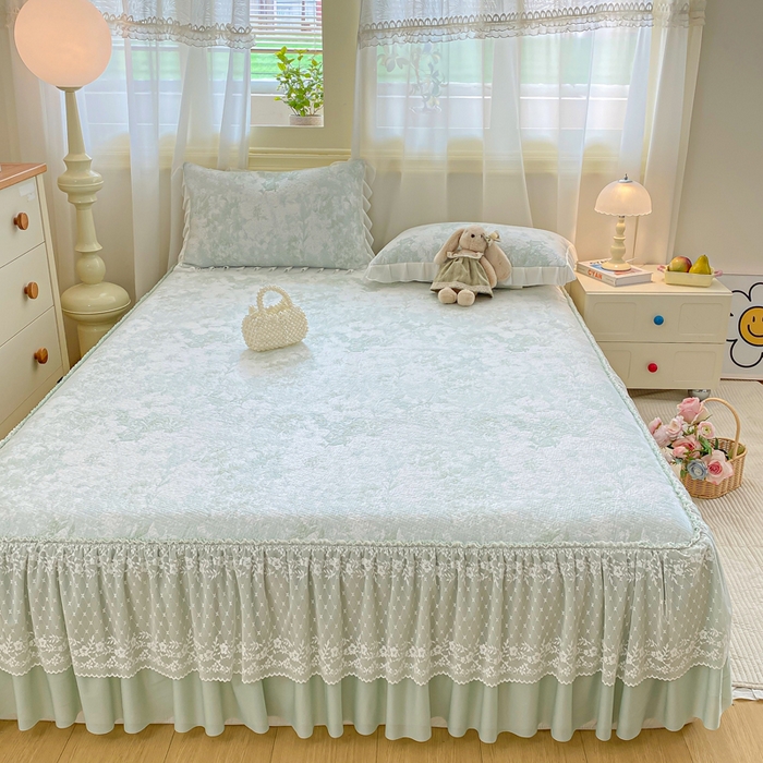 91家纺网 家纺一手货源 找家纺 伊人坊 2026新款A类550克凉感提花值过0.21冰豆豆家用凉席子三件套夏季-床裙款 繁花-绿