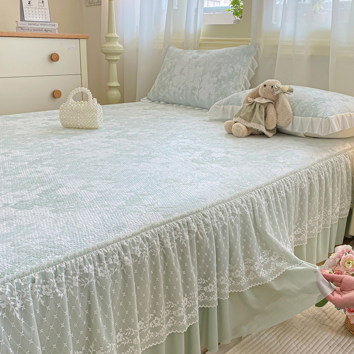 91家纺网 家纺一手货源 找家纺 伊人坊 2026新款A类550克凉感提花值过0.21冰豆豆家用凉席子三件套夏季-床裙款 繁花-绿