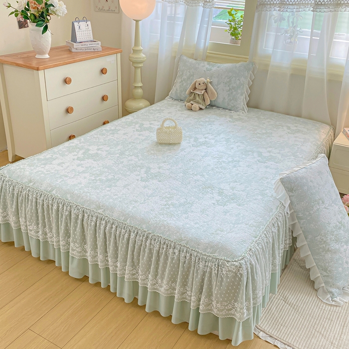 91家纺网 家纺一手货源 找家纺 伊人坊 2026新款A类550克凉感提花值过0.21冰豆豆家用凉席子三件套夏季-床裙款 繁花-绿