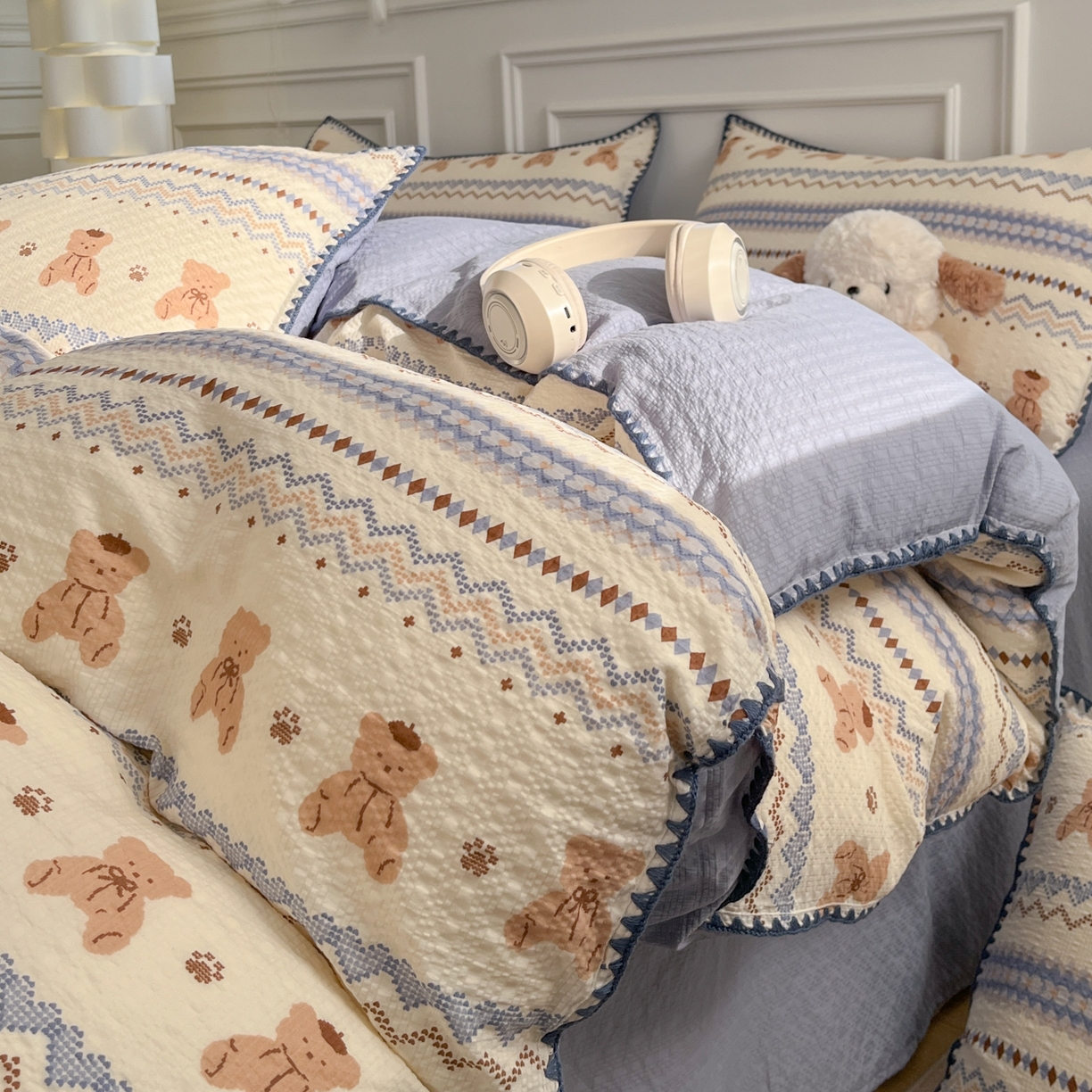 慕澄家纺 2026新款小清新印花泡芙纱贝壳边四件套 奶蓝部落