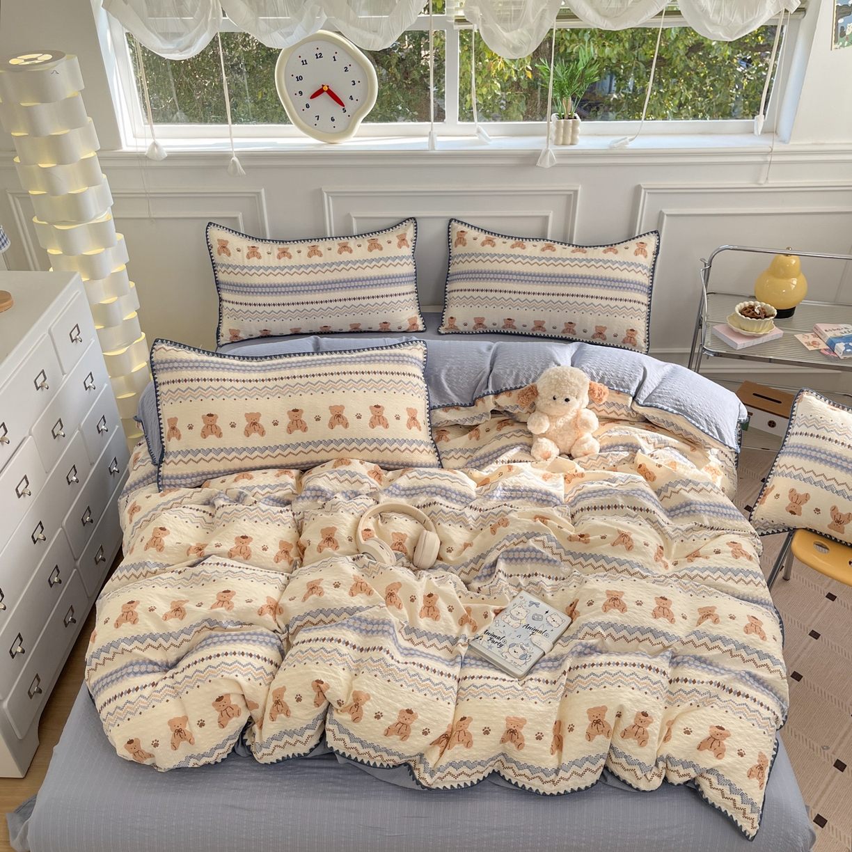 91家纺网 家纺一手货源 找家纺 慕澄家纺 2026新款小清新印花泡芙纱贝壳边四件套 奶蓝部落