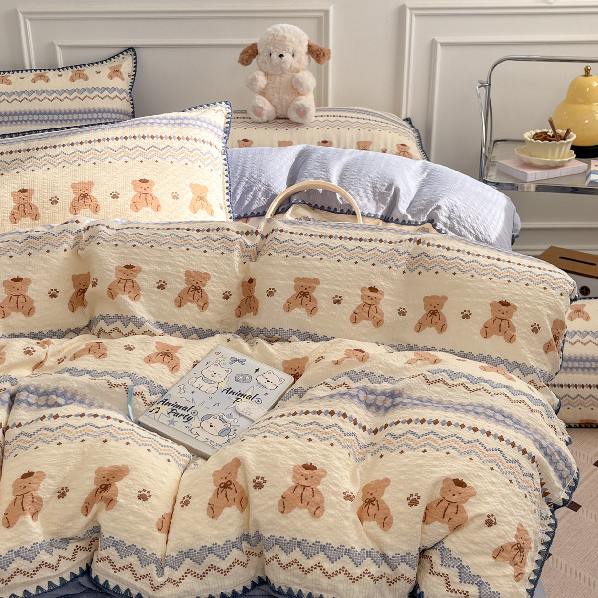 91家纺网 家纺一手货源 找家纺 慕澄家纺 2026新款小清新印花泡芙纱贝壳边四件套 奶蓝部落