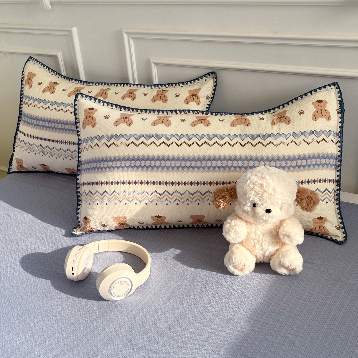 91家纺网 家纺一手货源 找家纺 慕澄家纺 2026新款小清新印花泡芙纱贝壳边四件套 奶蓝部落