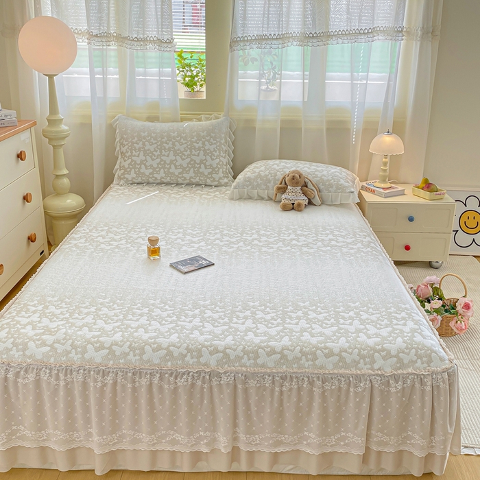 91家纺网 家纺一手货源 找家纺 伊人坊 2026新款A类550克凉感提花值过0.21冰豆豆家用凉席子三件套夏季-床裙款 花蝴蝶－咖