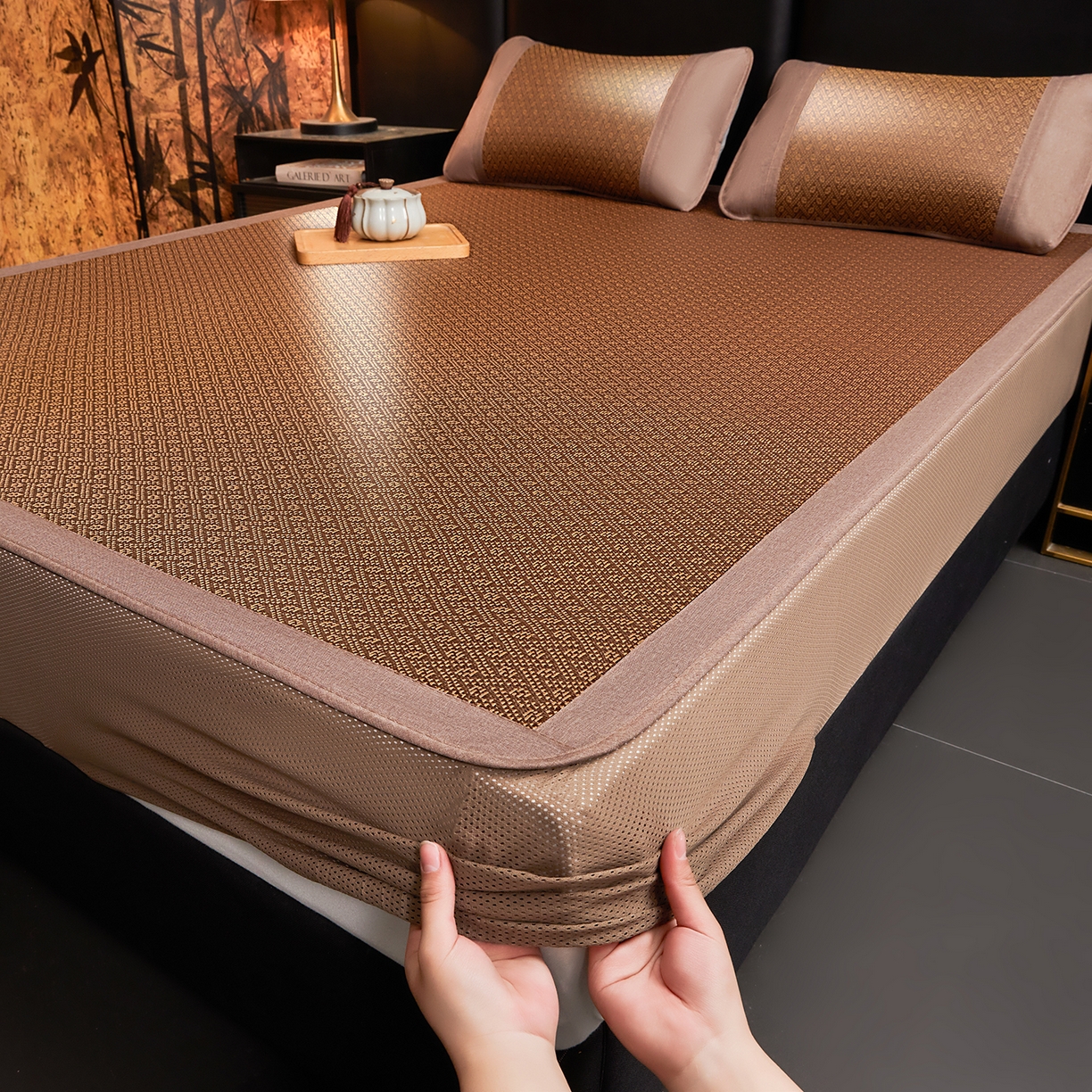 91家纺网 家纺一手货源 找家纺 绒艺席业 2026新款加密古香玉床笠款藤席凉席席子 藤格