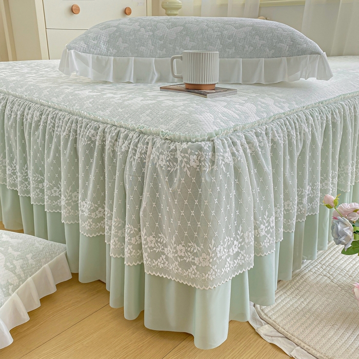 91家纺网 家纺一手货源 找家纺 伊人坊 2026新款A类550克凉感提花值过0.21冰豆豆家用凉席子三件套夏季-床裙款 花蝴蝶-绿