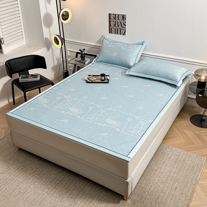 91家纺网 家纺一手货源 找家纺 绒艺席业 2026年新款立体浮雕工艺正宗凉感豆豆席凉席席子-平铺款 豆豆荷塘月色-蓝色