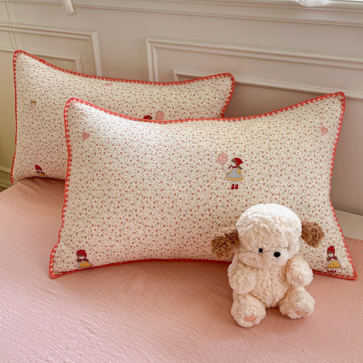 91家纺网 家纺一手货源 找家纺 慕澄家纺 2026新款小清新印花泡芙纱贝壳边四件套 少女花田