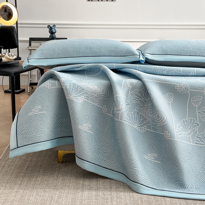 91家纺网 家纺一手货源 找家纺 绒艺席业 2026年新款立体浮雕工艺正宗凉感豆豆席凉席席子-平铺款 豆豆荷塘月色-蓝色