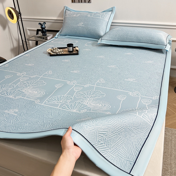 91家纺网 家纺一手货源 找家纺 绒艺席业 2026年新款立体浮雕工艺正宗凉感豆豆席凉席席子-平铺款 豆豆荷塘月色-蓝色