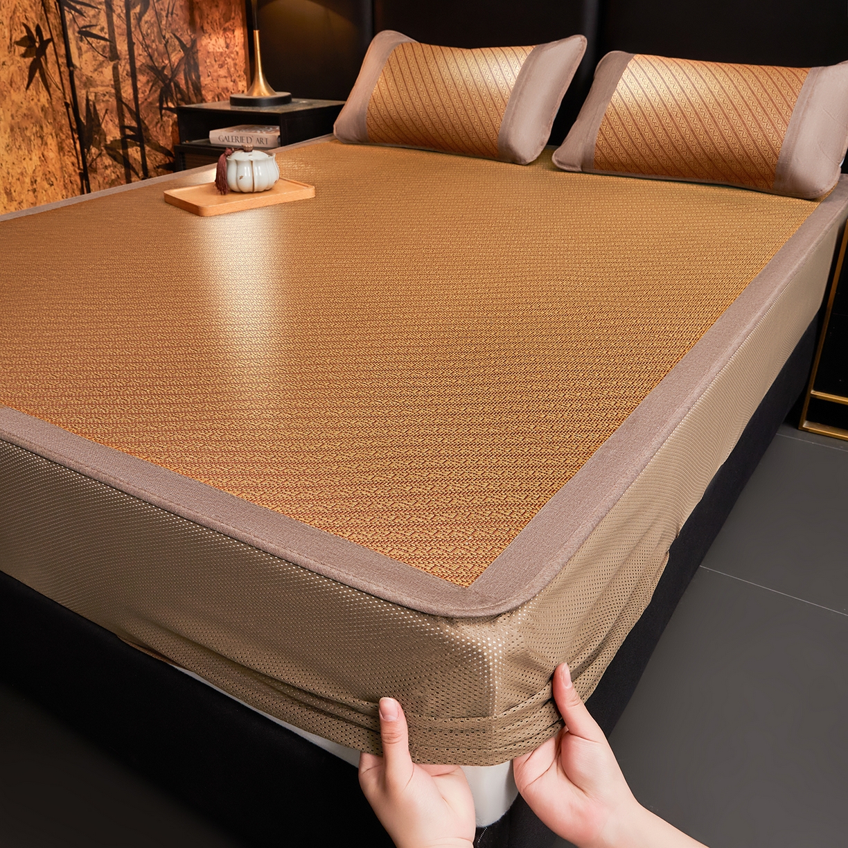 91家纺网 家纺一手货源 找家纺 绒艺席业 2026新款加密古香玉床笠款藤席凉席席子 藤悦