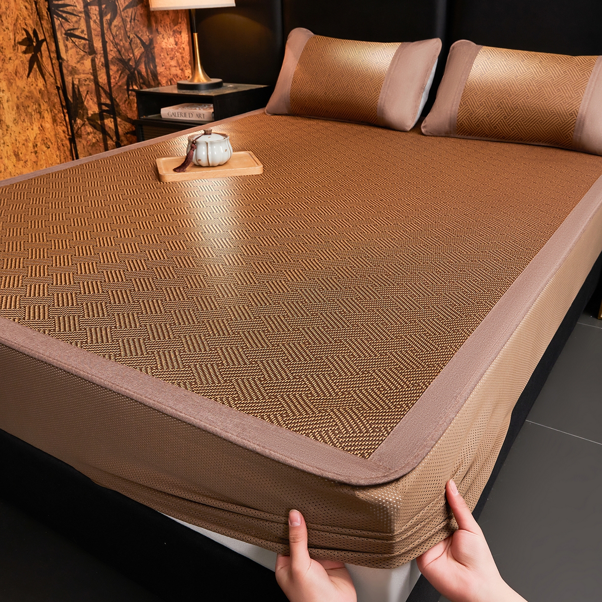 91家纺网 家纺一手货源 找家纺 绒艺席业 2026新款加密古香玉床笠款藤席凉席席子 藤韵