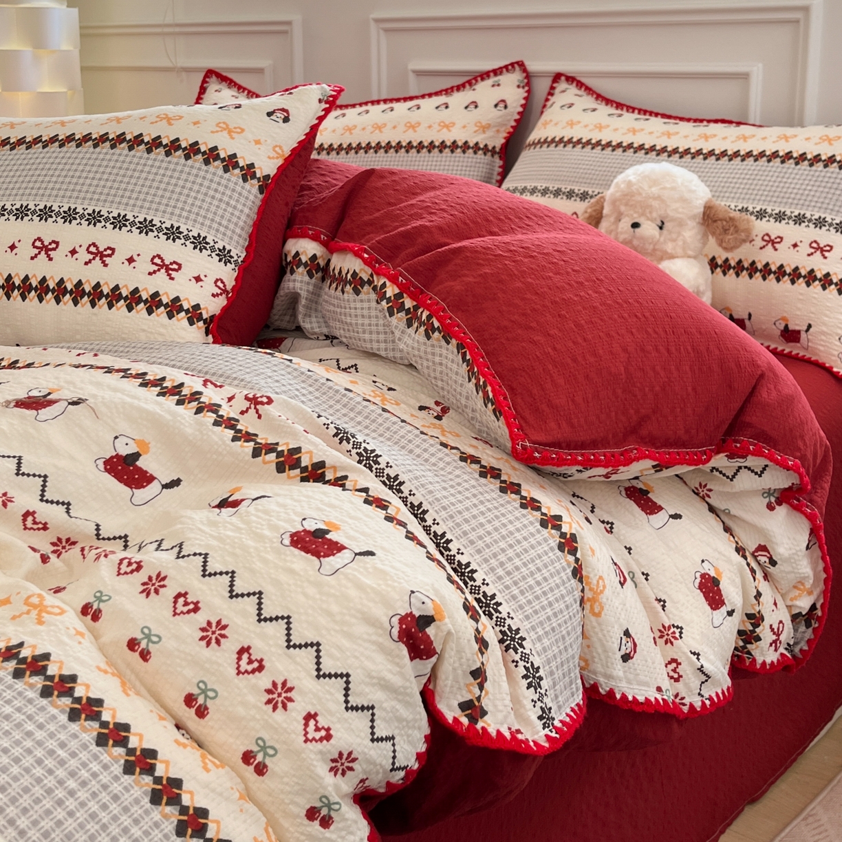 91家纺网 家纺一手货源 找家纺 慕澄家纺 2026新款小清新印花泡芙纱贝壳边四件套 童话镇