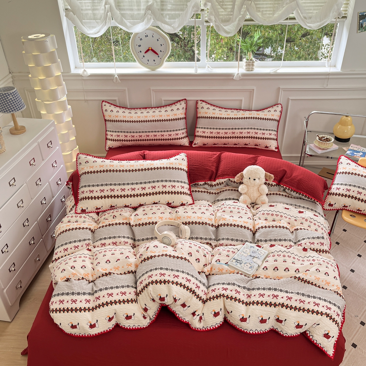 91家纺网 家纺一手货源 找家纺 慕澄家纺 2026新款小清新印花泡芙纱贝壳边四件套 童话镇