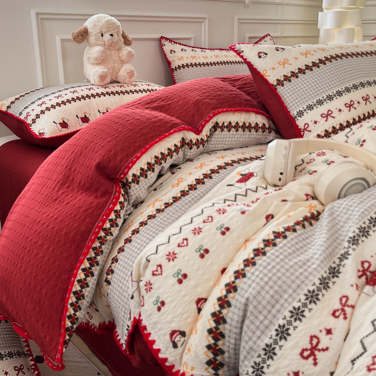 91家纺网 家纺一手货源 找家纺 慕澄家纺 2026新款小清新印花泡芙纱贝壳边四件套 童话镇