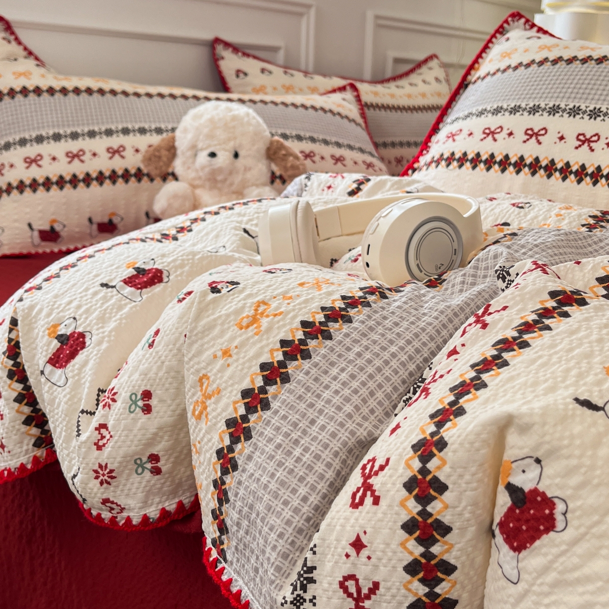 91家纺网 家纺一手货源 找家纺 慕澄家纺 2026新款小清新印花泡芙纱贝壳边四件套 童话镇