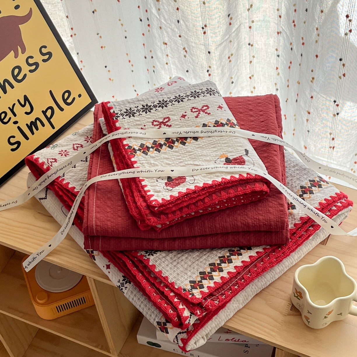 91家纺网 家纺一手货源 找家纺 慕澄家纺 2026新款小清新印花泡芙纱贝壳边四件套 童话镇