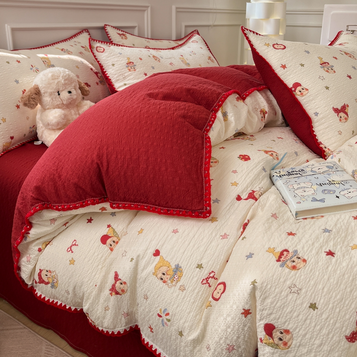 91家纺网 家纺一手货源 找家纺 慕澄家纺 2026新款小清新印花泡芙纱贝壳边四件套 星落小红帽