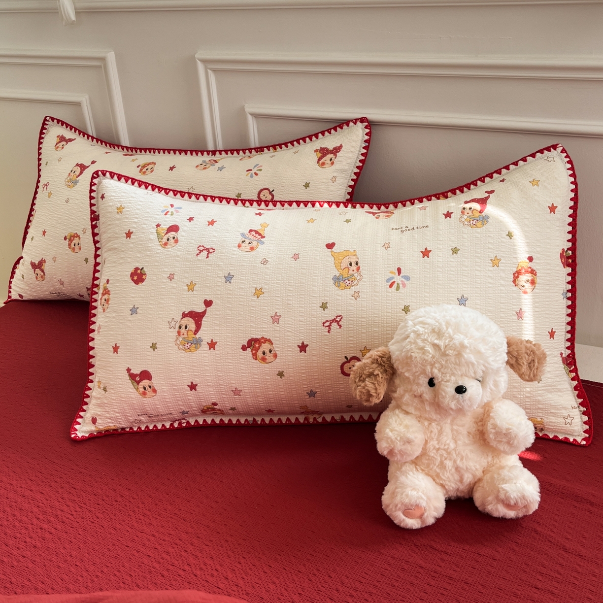 91家纺网 家纺一手货源 找家纺 慕澄家纺 2026新款小清新印花泡芙纱贝壳边四件套 星落小红帽