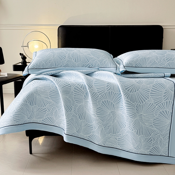 91家纺网 家纺一手货源 找家纺 绒艺席业 2026年新款立体浮雕工艺正宗凉感豆豆席凉席席子-平铺款 豆豆银杏叶-蓝色