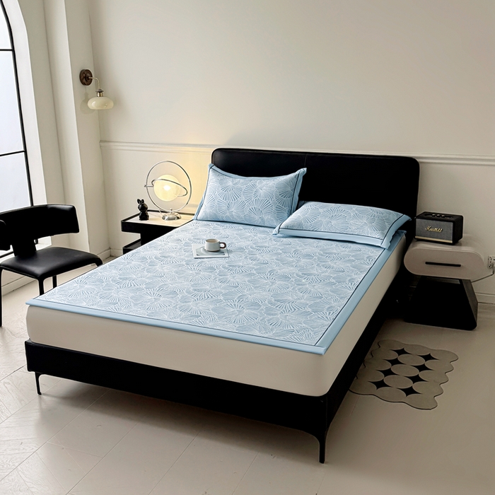 91家纺网 家纺一手货源 找家纺 绒艺席业 2026年新款立体浮雕工艺正宗凉感豆豆席凉席席子-平铺款 豆豆银杏叶-蓝色