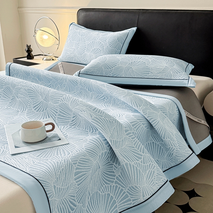 91家纺网 家纺一手货源 找家纺 绒艺席业 2026年新款立体浮雕工艺正宗凉感豆豆席凉席席子-平铺款 豆豆银杏叶-蓝色