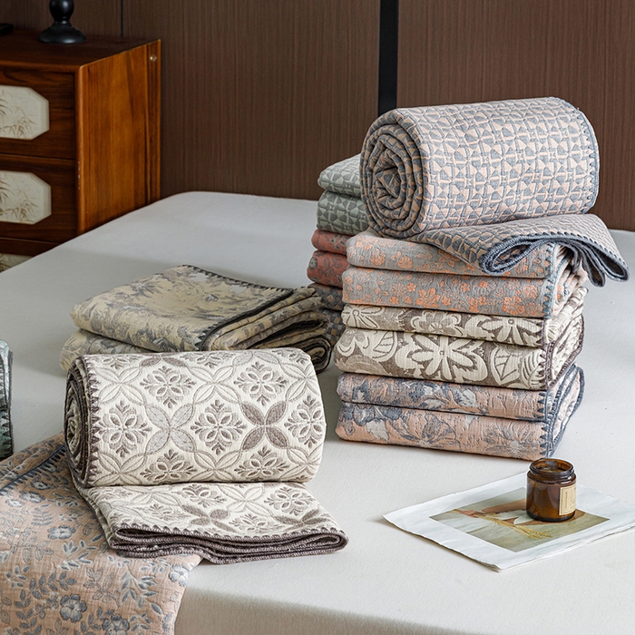 91家纺网 家纺一手货源 找家纺 悦然毛巾被 2026新款全棉三层纱A类多功能毛巾被休闲毯夏被床盖床单 组合