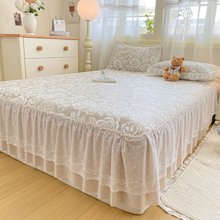 91家纺网 家纺一手货源 找家纺 伊人坊 2026新款A类550克凉感提花值过0.21冰豆豆家用凉席子三件套夏季-床裙款 玫瑰－咖