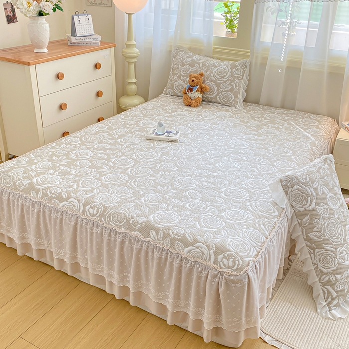 91家纺网 家纺一手货源 找家纺 伊人坊 2026新款A类550克凉感提花值过0.21冰豆豆家用凉席子三件套夏季-床裙款 玫瑰－咖