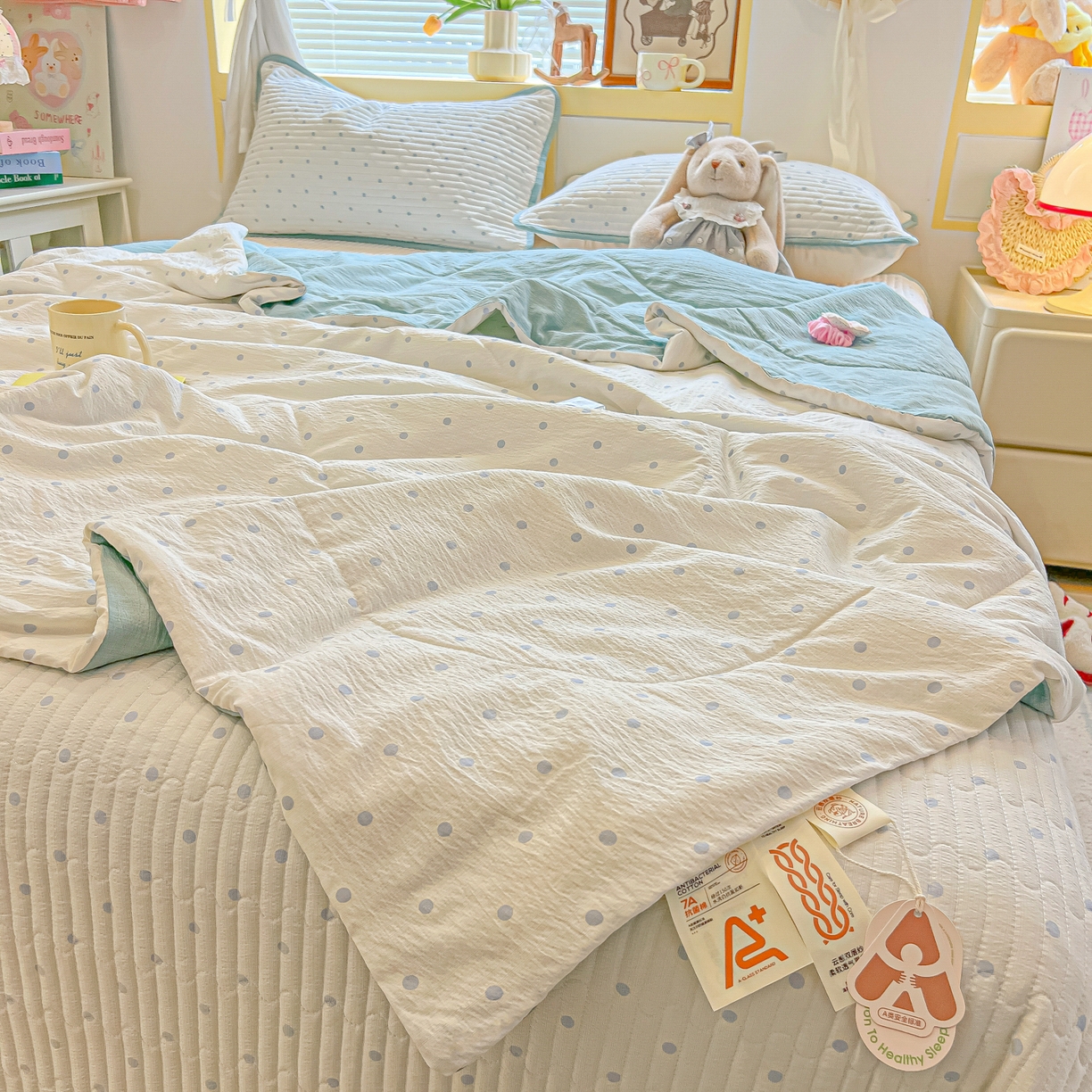 91家纺网 家纺一手货源 找家纺 乐逸家纺  2026新款A类云感双层纱夏被床盖四件套 波点-蓝