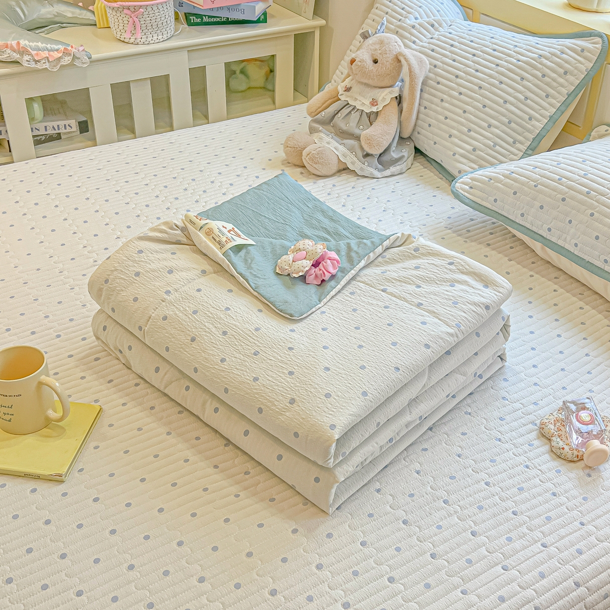 91家纺网 家纺一手货源 找家纺 乐逸家纺  2026新款A类云感双层纱夏被床盖四件套 波点-蓝