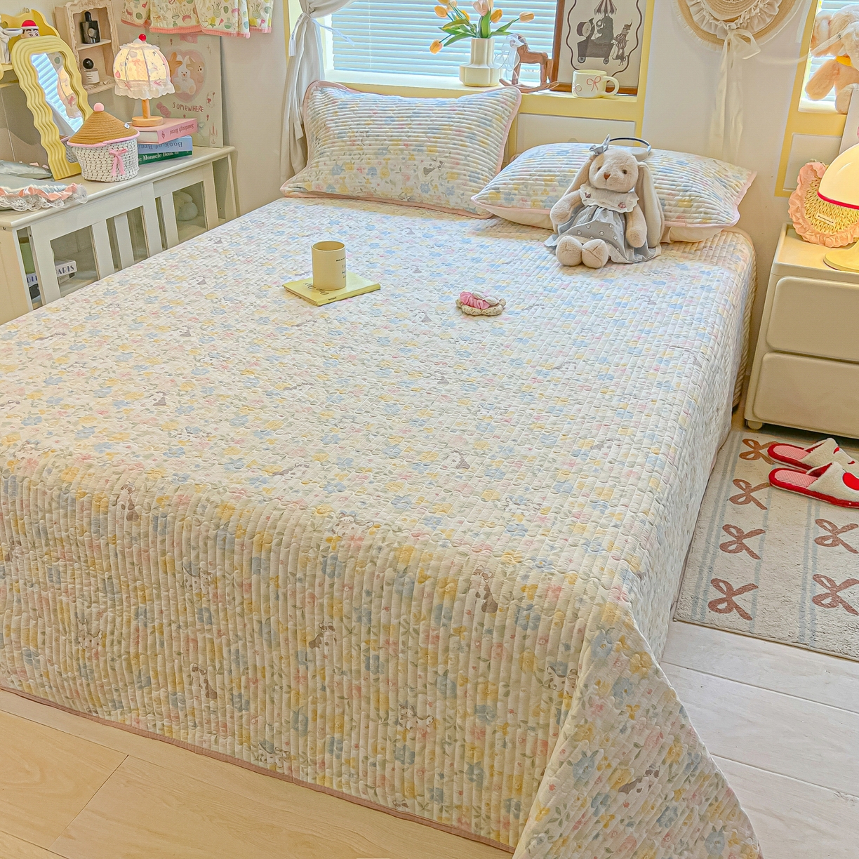 91家纺网 家纺一手货源 找家纺 乐逸家纺  2026新款A类云感双层纱夏被床盖四件套 粉调