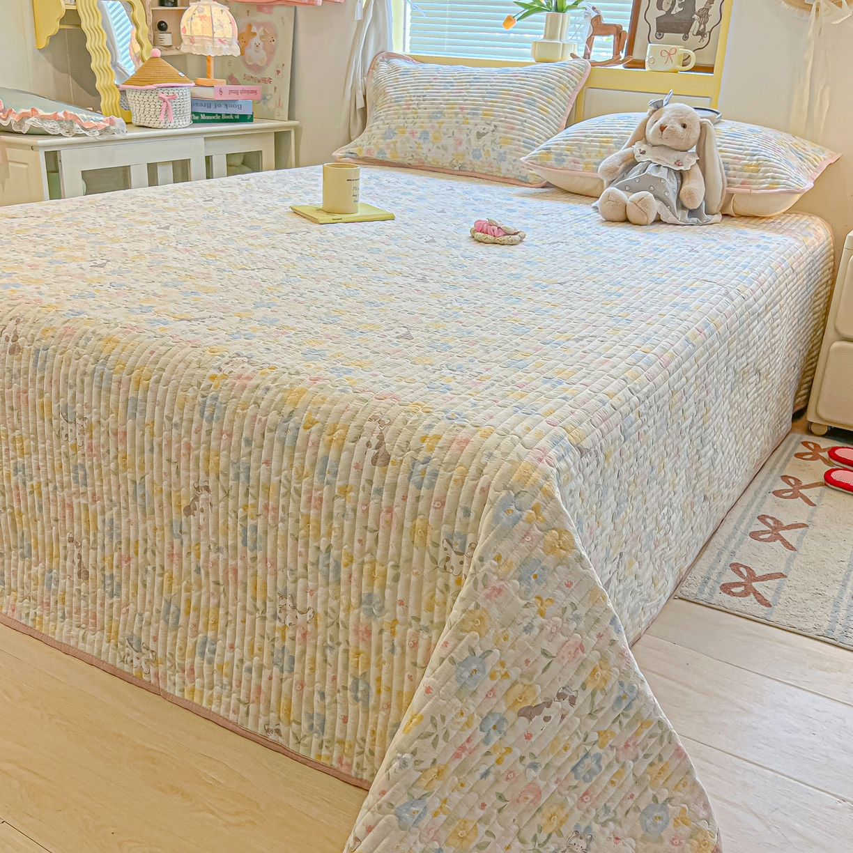 91家纺网 家纺一手货源 找家纺 乐逸家纺  2026新款A类云感双层纱夏被床盖四件套 粉调