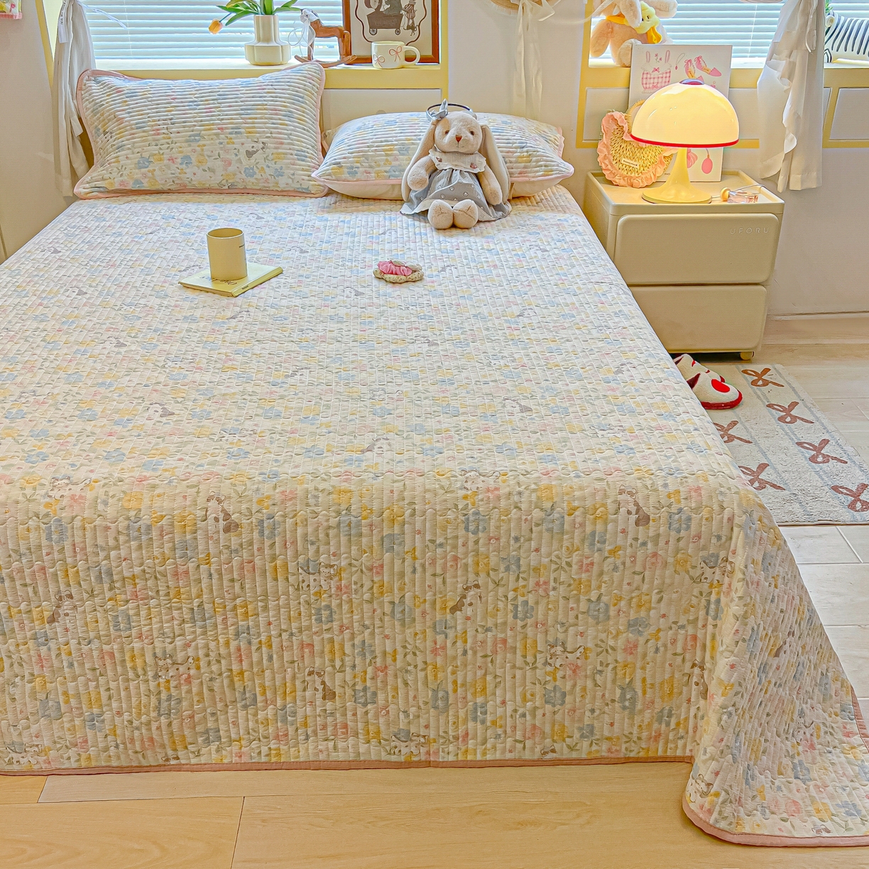 91家纺网 家纺一手货源 找家纺 乐逸家纺  2026新款A类云感双层纱夏被床盖四件套 粉调