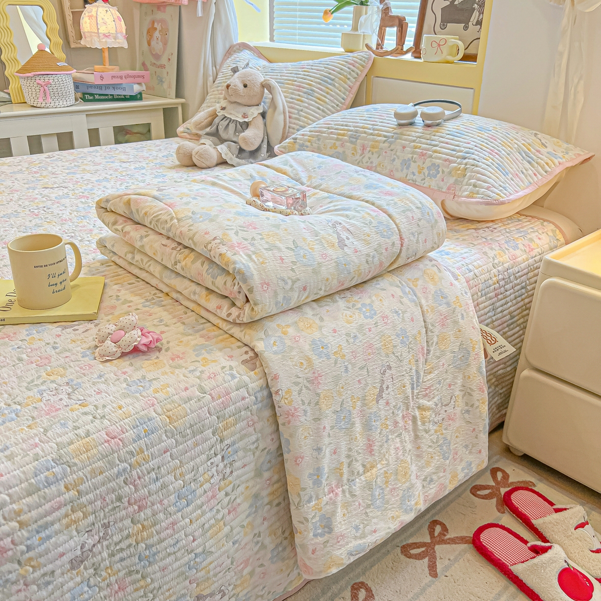 乐逸家纺  2026新款A类云感双层纱夏被床盖四件套 粉调