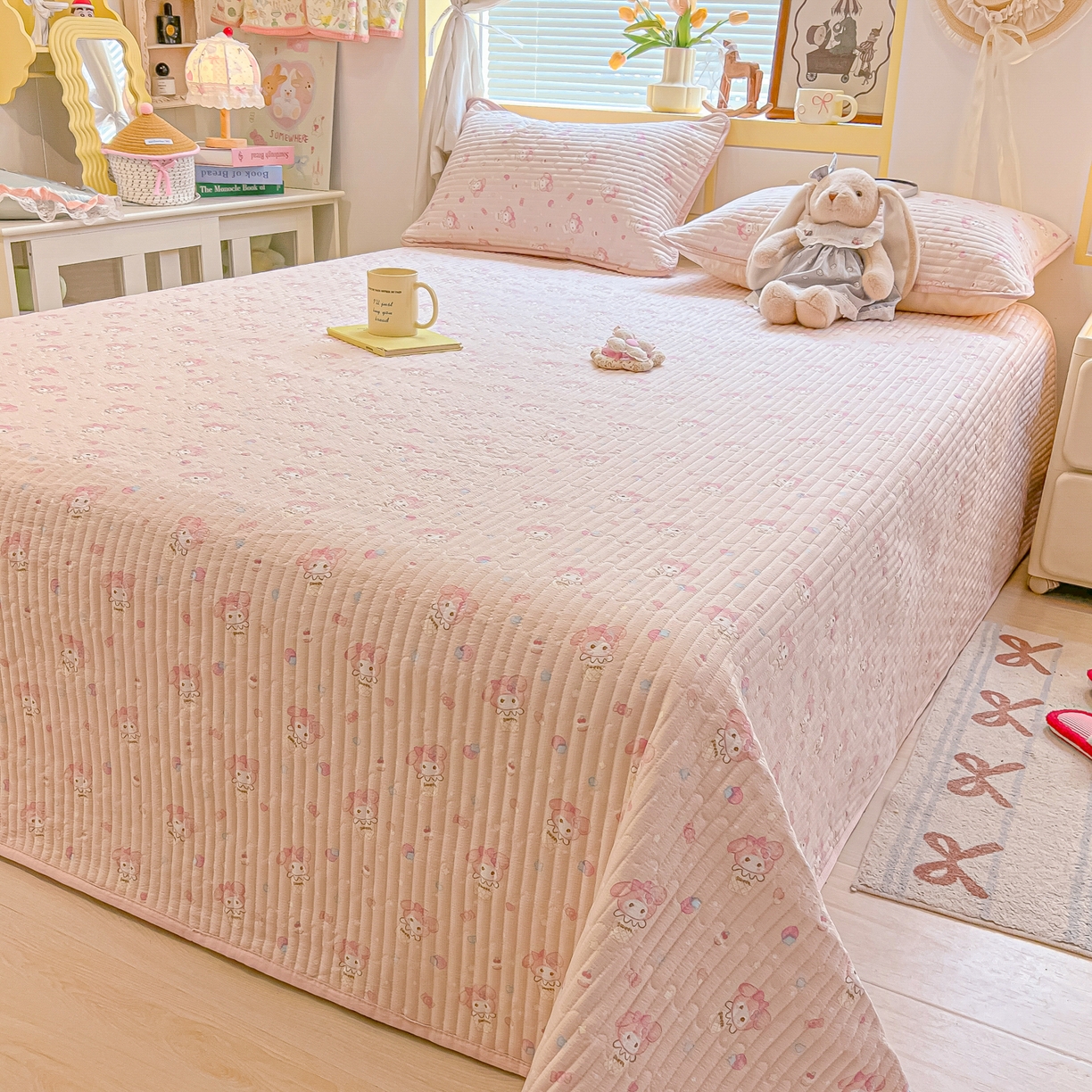 91家纺网 家纺一手货源 找家纺 乐逸家纺  2026新款A类云感双层纱夏被床盖四件套 粉粉兔