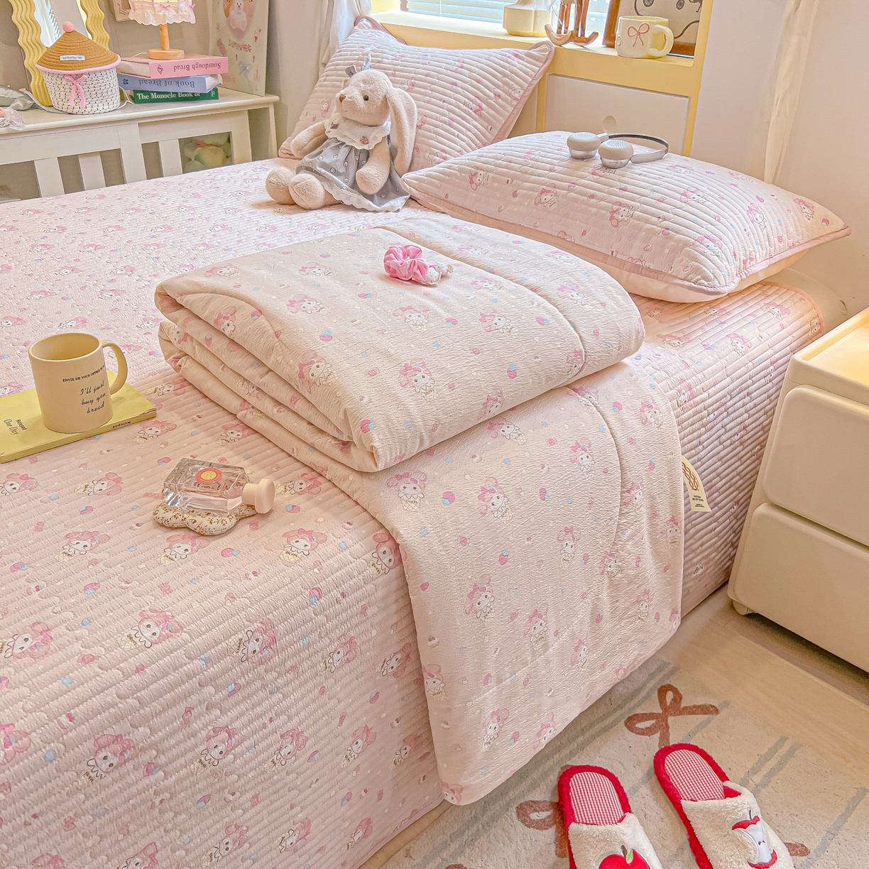 乐逸家纺  2026新款A类云感双层纱夏被床盖四件套 粉粉兔