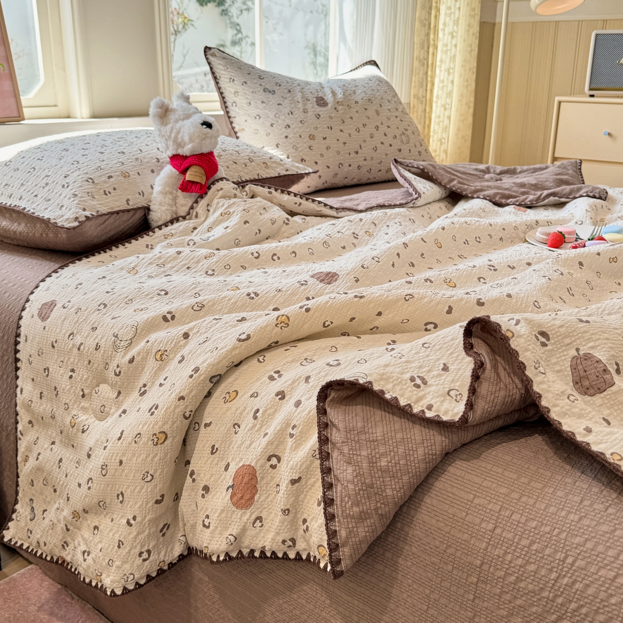 91家纺网 家纺一手货源 找家纺 慕澄家纺 2026新款泡芙棉贝壳边印花夏被四件套 夏被-栗栗南瓜派