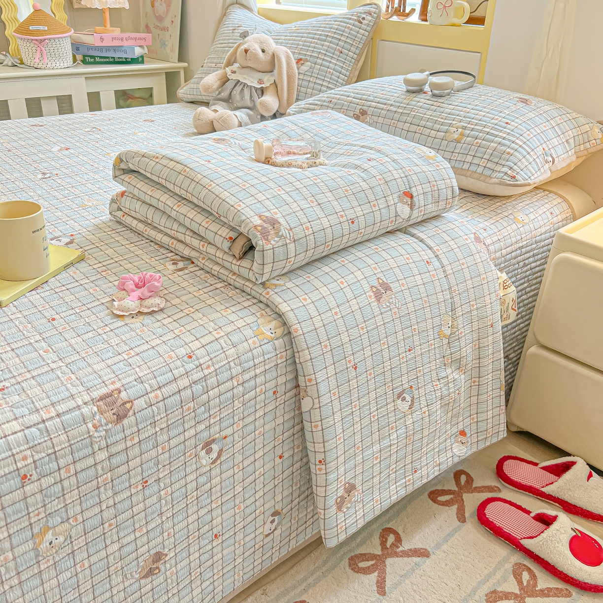 乐逸家纺  2026新款A类云感双层纱夏被床盖四件套 格子萌狗