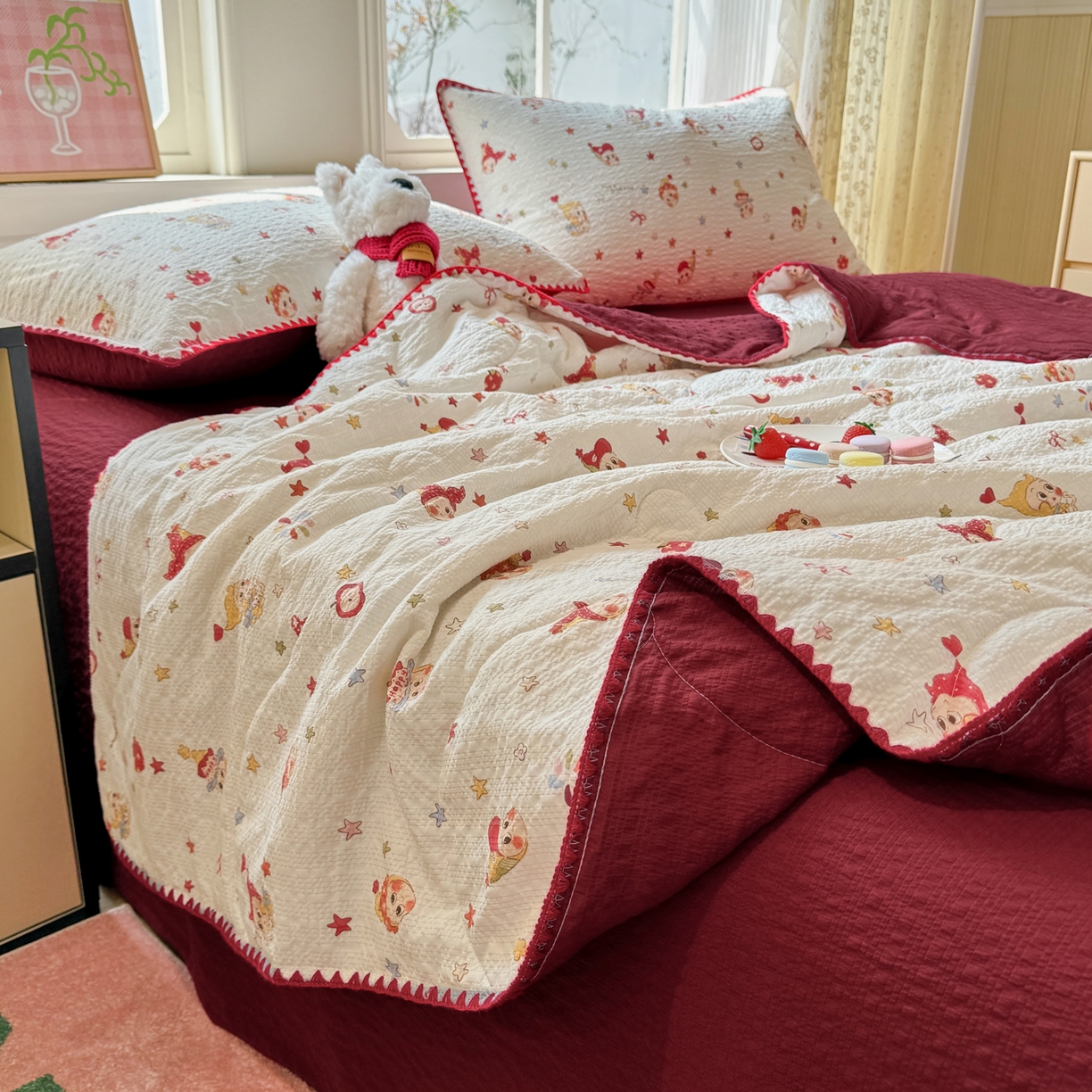 91家纺网 家纺一手货源 找家纺 慕澄家纺 2026新款泡芙棉贝壳边印花夏被四件套 夏被-星落小红帽