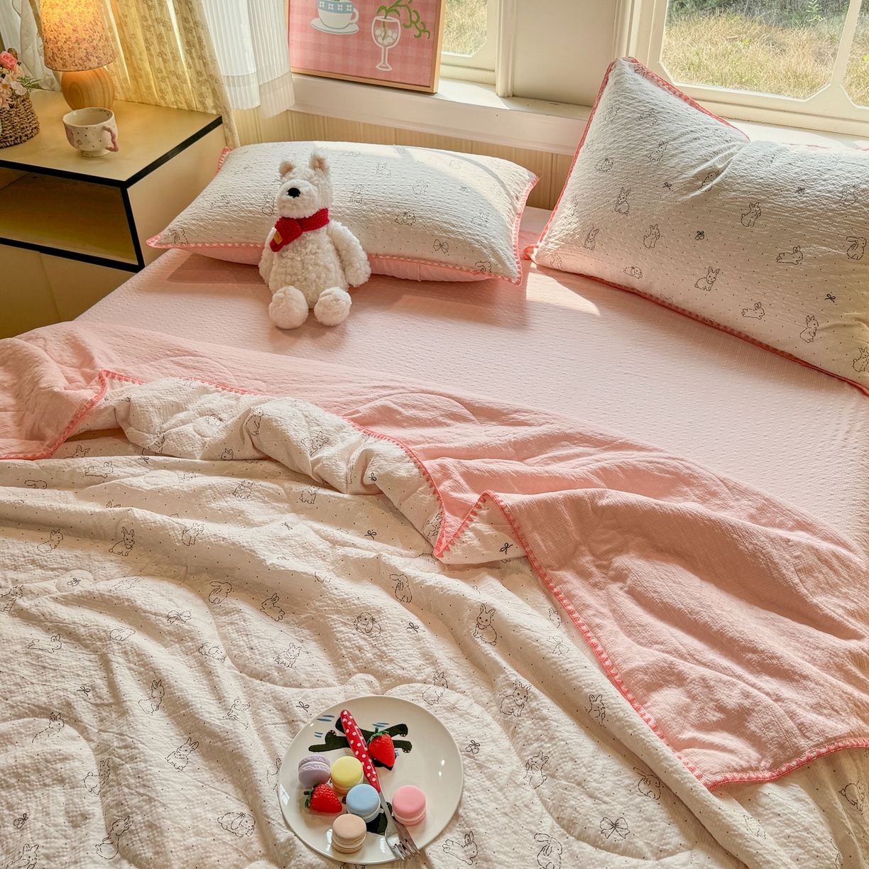 91家纺网 家纺一手货源 找家纺 慕澄家纺 2026新款泡芙棉贝壳边印花夏被四件套 夏被-粉边兔小乖