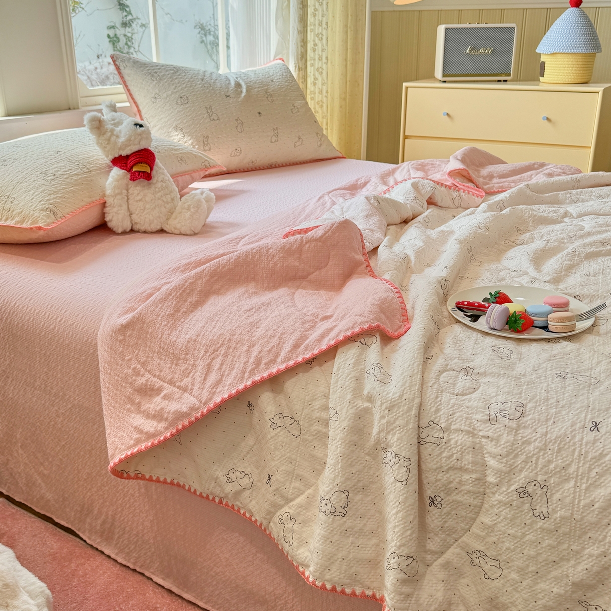 91家纺网 家纺一手货源 找家纺 慕澄家纺 2026新款泡芙棉贝壳边印花夏被四件套 夏被-粉边兔小乖