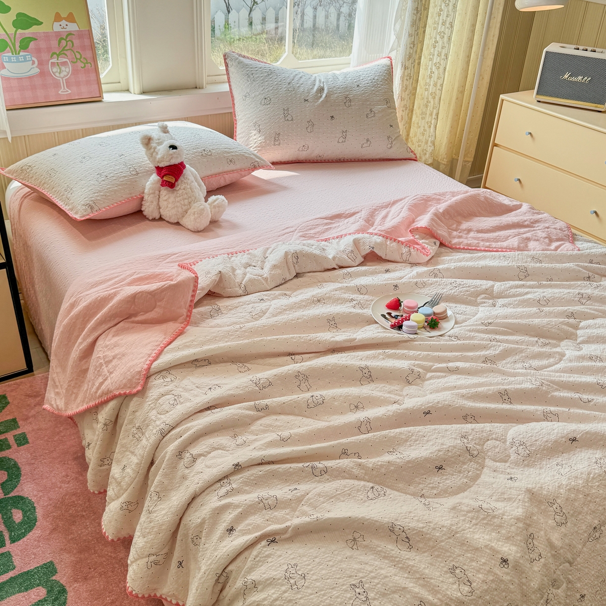 91家纺网 家纺一手货源 找家纺 慕澄家纺 2026新款泡芙棉贝壳边印花夏被四件套 夏被-粉边兔小乖